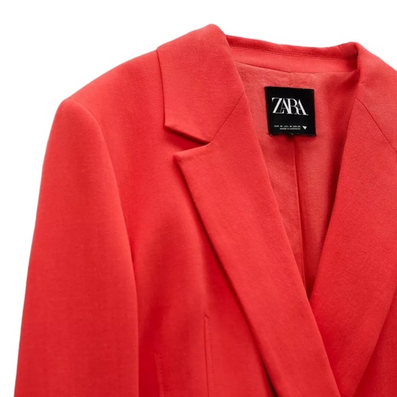 Zara Coral Red Linen Blend Cropped Blazer Jacket | Size S | Tomato Girl - Picture 4 of 9